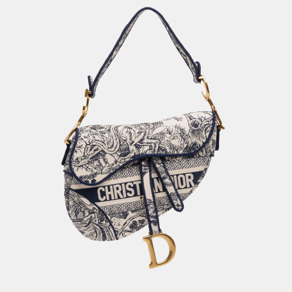 Dior Navy Blue Canvas Embroidered Toile de Jouy Saddle Bag