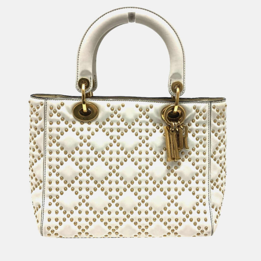 Christian Dior Cannage Tote Bag Lady Dior Handbag Leather White