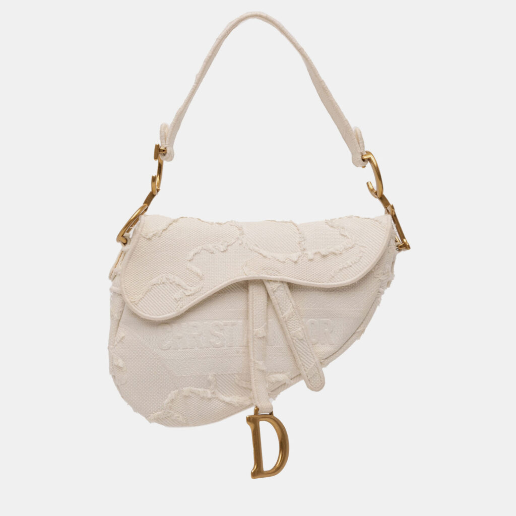 Dior White Mini Canvas Embroidered Camouflage Saddle Bag Dior White Mini Canvas Embroidered Camouflage Saddle Bag
