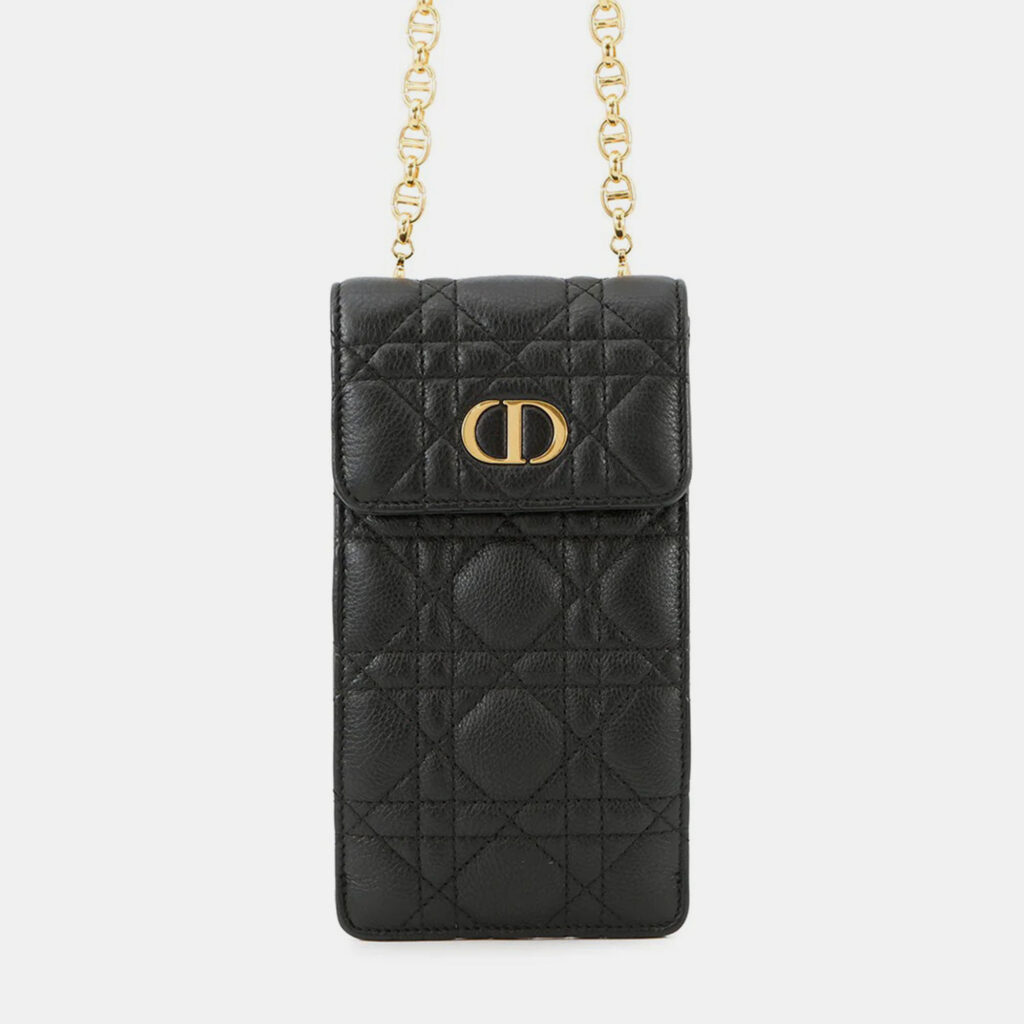 Dior Cannage Caro Phone Holder Black Calf Leather