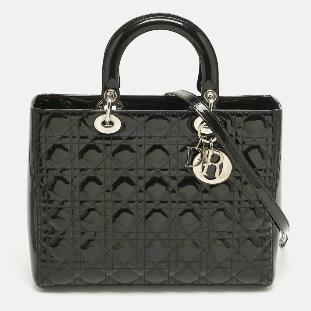 luxury-women-dior-used-handbags-p1220779-015.jpg Dior Charcoal Black Cannage Patent Leather Large Lady Dior Tote