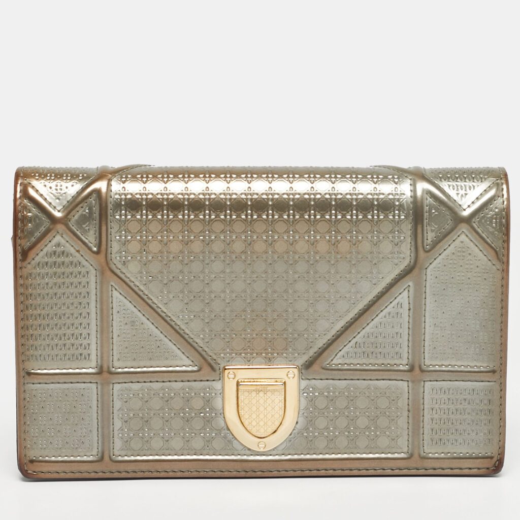 Dior Silver Microcannage Patent Leather Diorama Wallet on Chain
