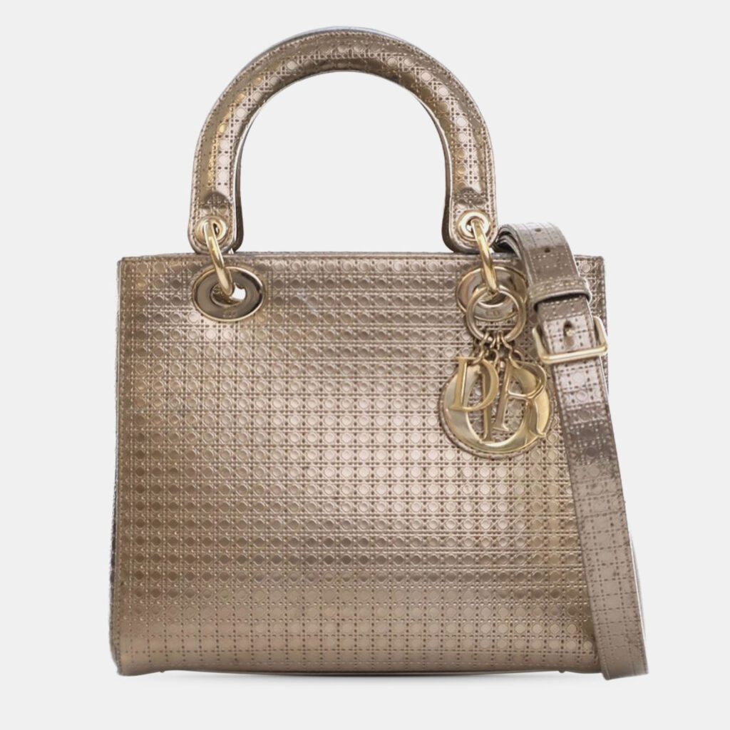 Dior Gold Medium Metallic Patent Microcannage Lady Dior