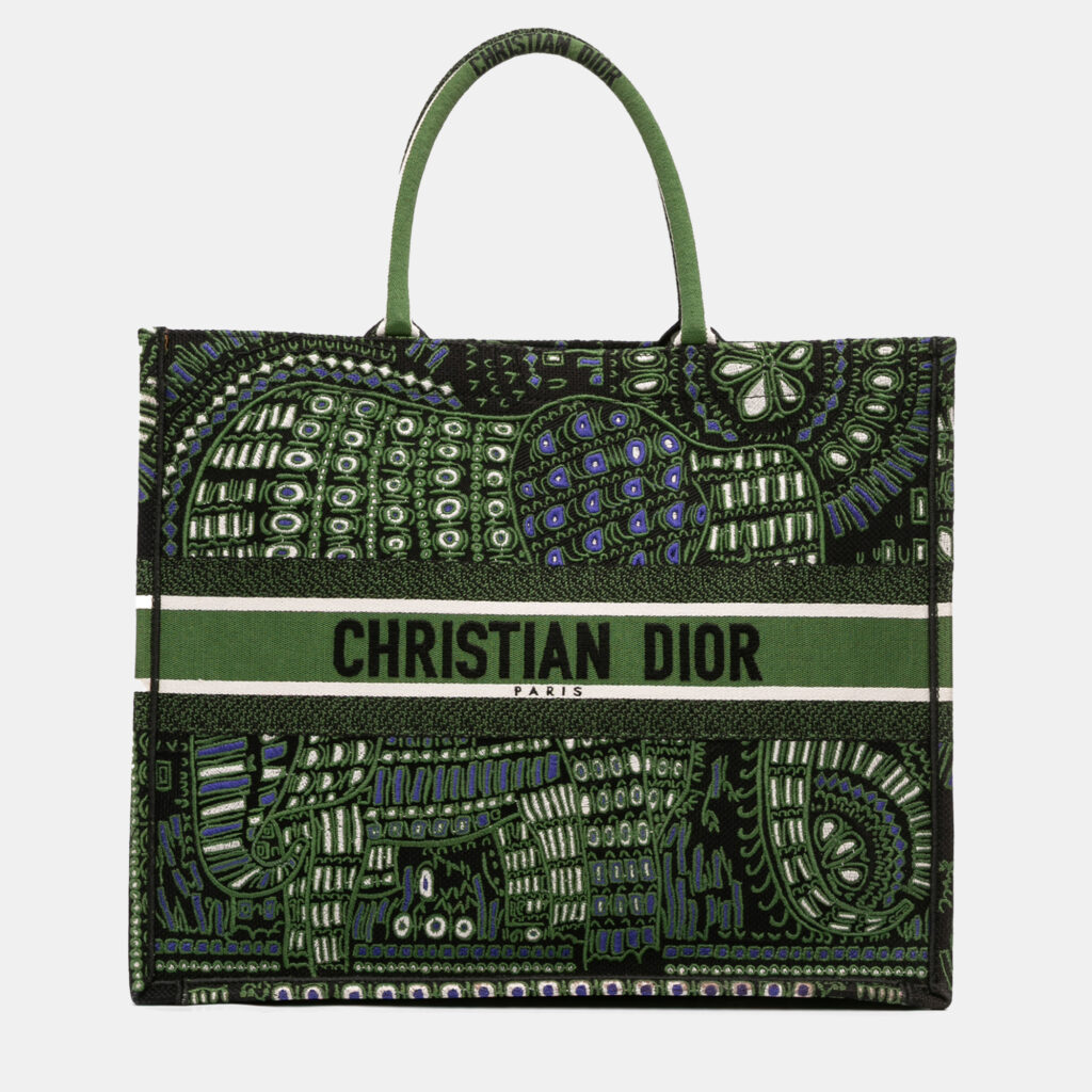 Dior Green Large Canvas Embroidered Elephant Book Tote