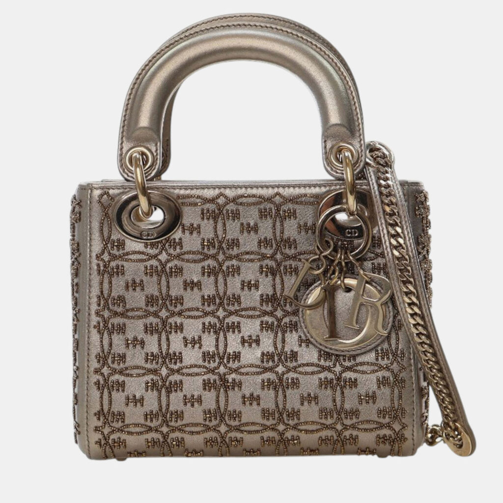 Dior Gold Mini Beaded Metallic Lambskin Cannage Lady Dior