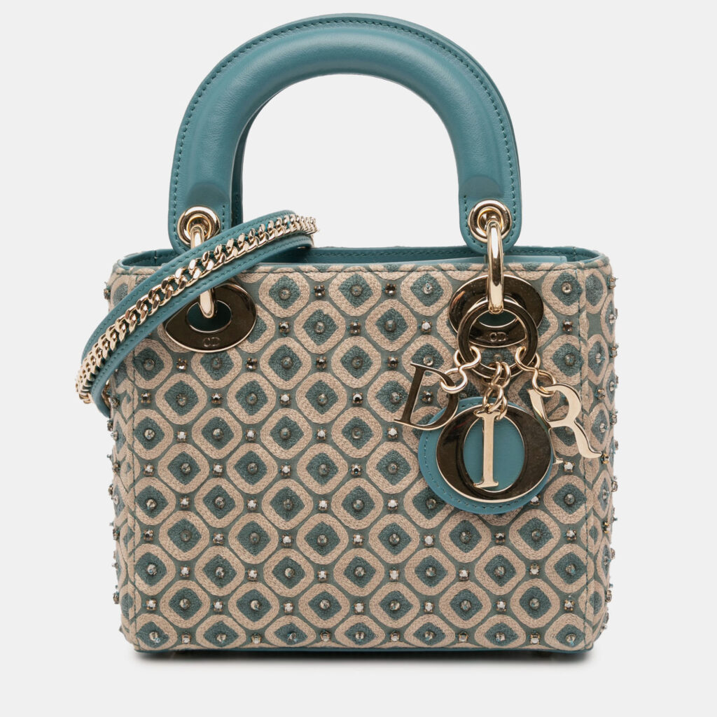 Dior Beige/See Green Mini Canvas Honeycomb Embroidery Crystal Lady Dior Dior Beige/See Green Mini Canvas Honeycomb Embroidery Crystal Lady Dior