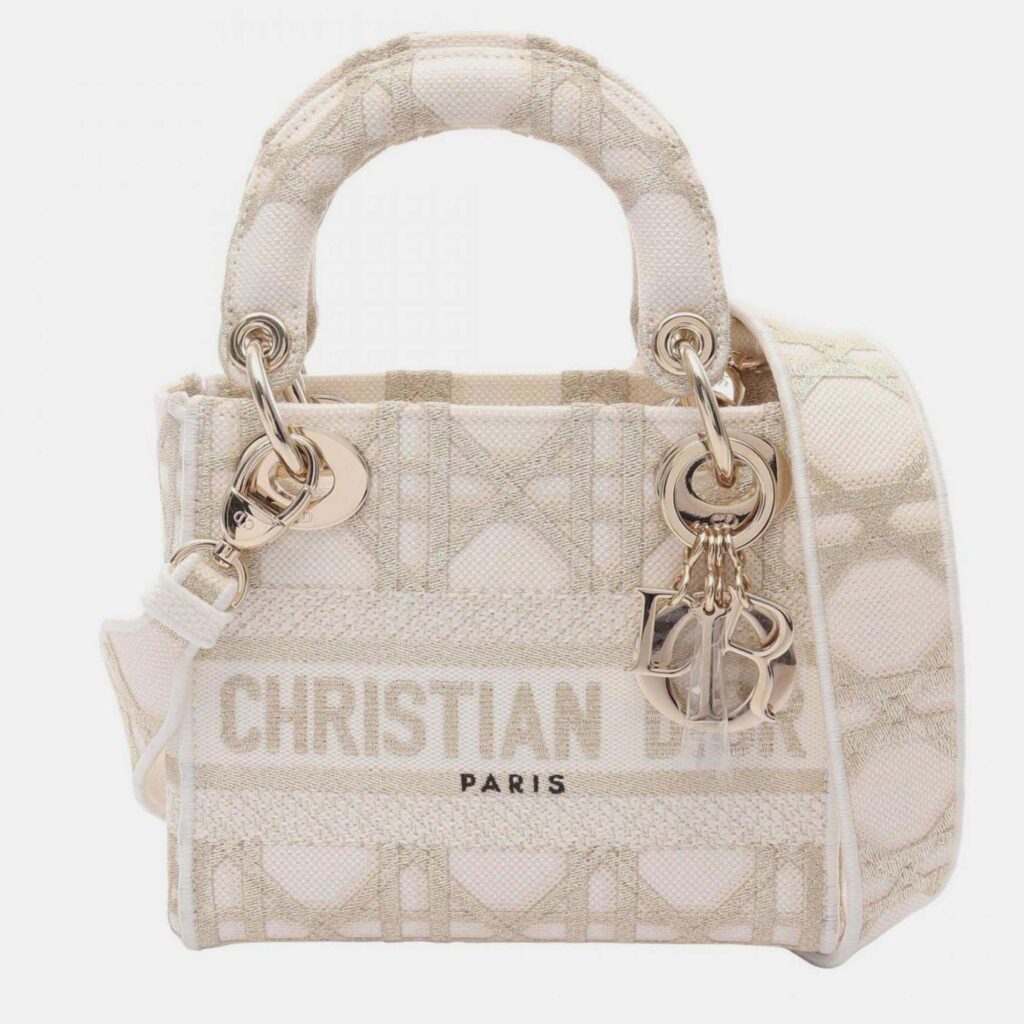 Christian Dior Dior Lady Mini Cannage Handbag Canvas White Gold
