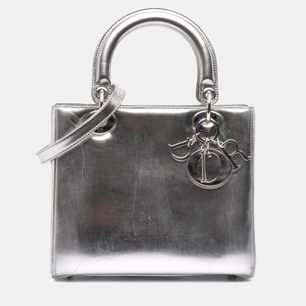Dior Silver Medium Metallic Patent Lady Dior