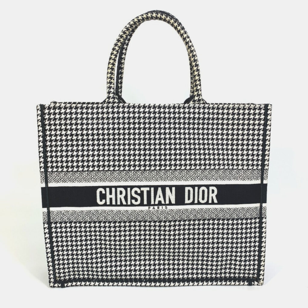 Christian Dior Dior Houndstooth Embroidered Book Tote Canvas Shoulder Bag In White/Black Christian Dior Dior Houndstooth Embroidered Book Tote Canvas Shoulder Bag In White/Black