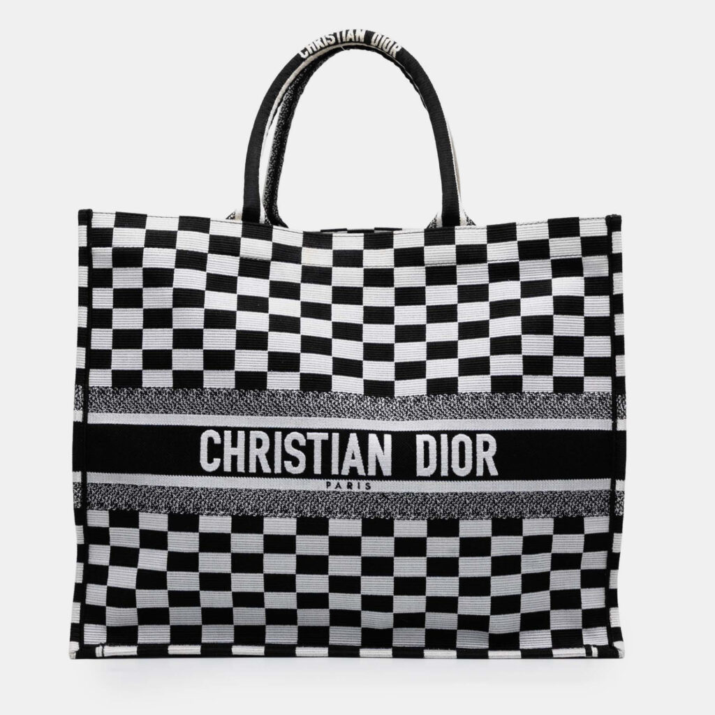 Dior Black White Large Embroidered Canvas Checkered Book Tote Dior Black White Large Embroidered Canvas Checkered Book Tote