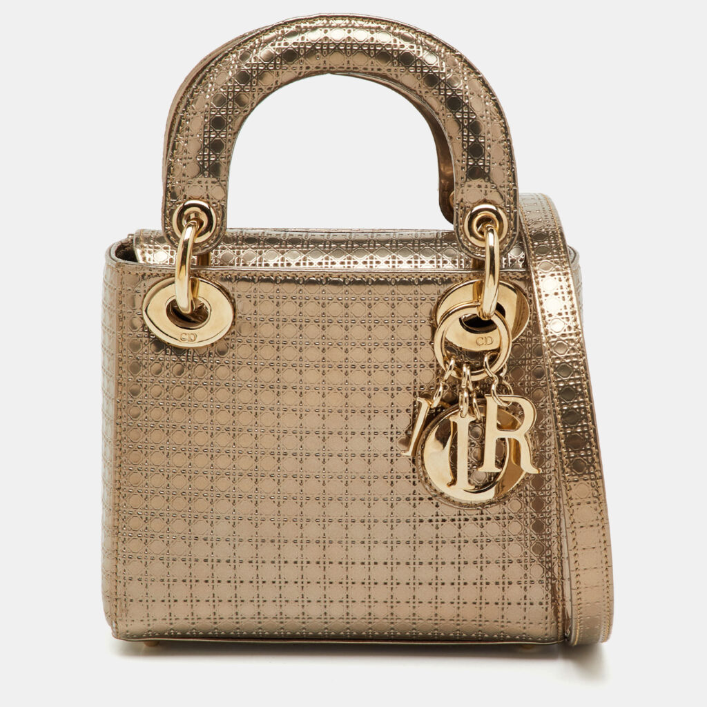 Dior Metallic Gold Microcannage Patent Leather Mini Lady Dior Tote Dior Metallic Gold Microcannage Patent Leather Mini Lady Dior Tote