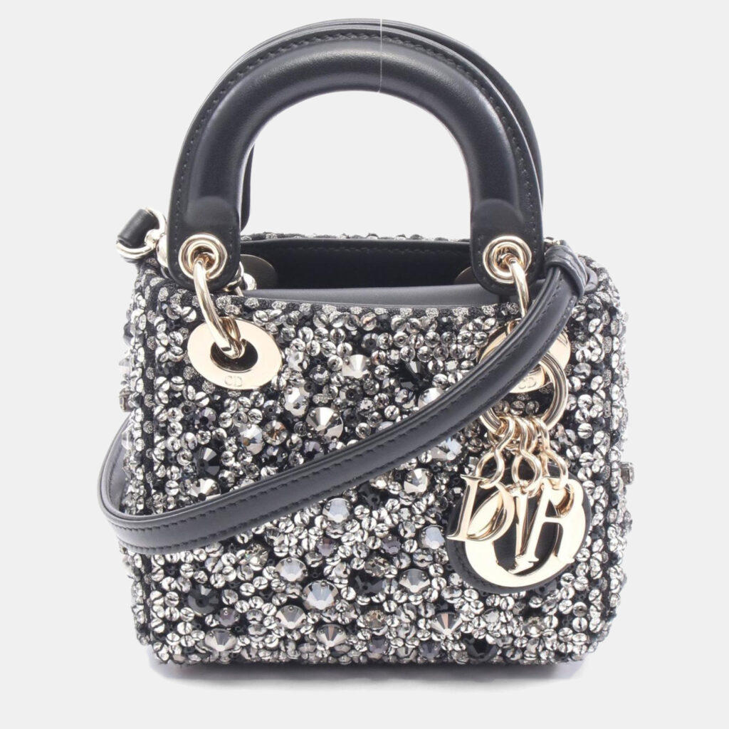 Christian Dior Dior Lady Micro Handbag Leather Rhinestone Bag Black Clear Silver