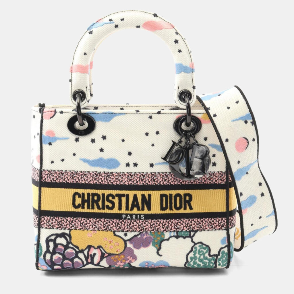 Christian Dior Dior Lady D-Lite Medium Handbag Canvas White Multicolor