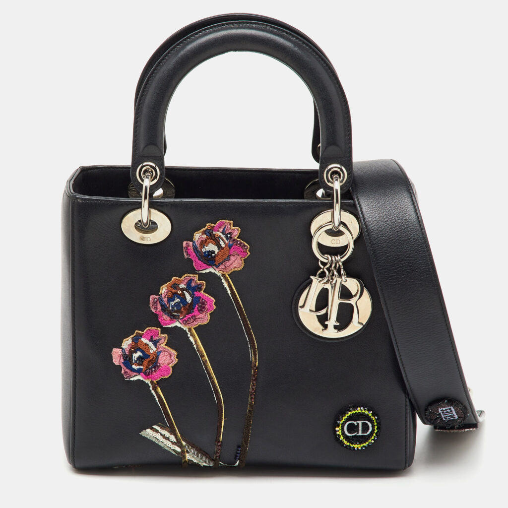 Dior Black Leather Flower Embroidered Medium Lady Dior Tote Dior Black Leather Flower Embroidered Medium Lady Dior Tote