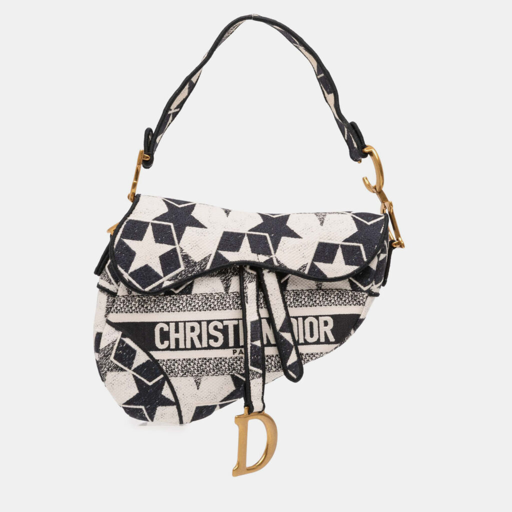Dior Black/White Embroidered Canvas Stars Saddle Bag