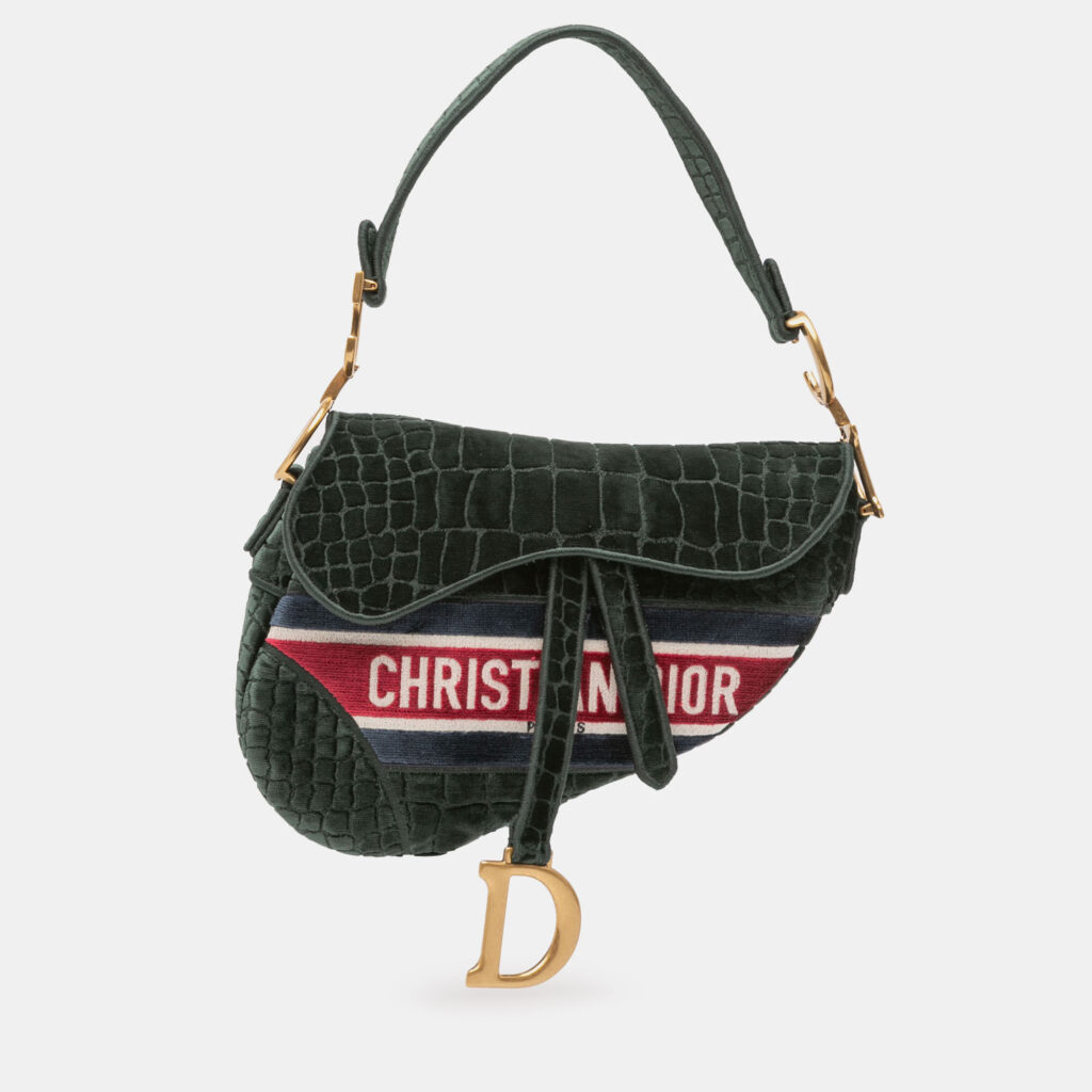 Dior Green Velvet Embroidered Crocodile Effect Saddle Bag Dior Green Velvet Embroidered Crocodile Effect Saddle Bag