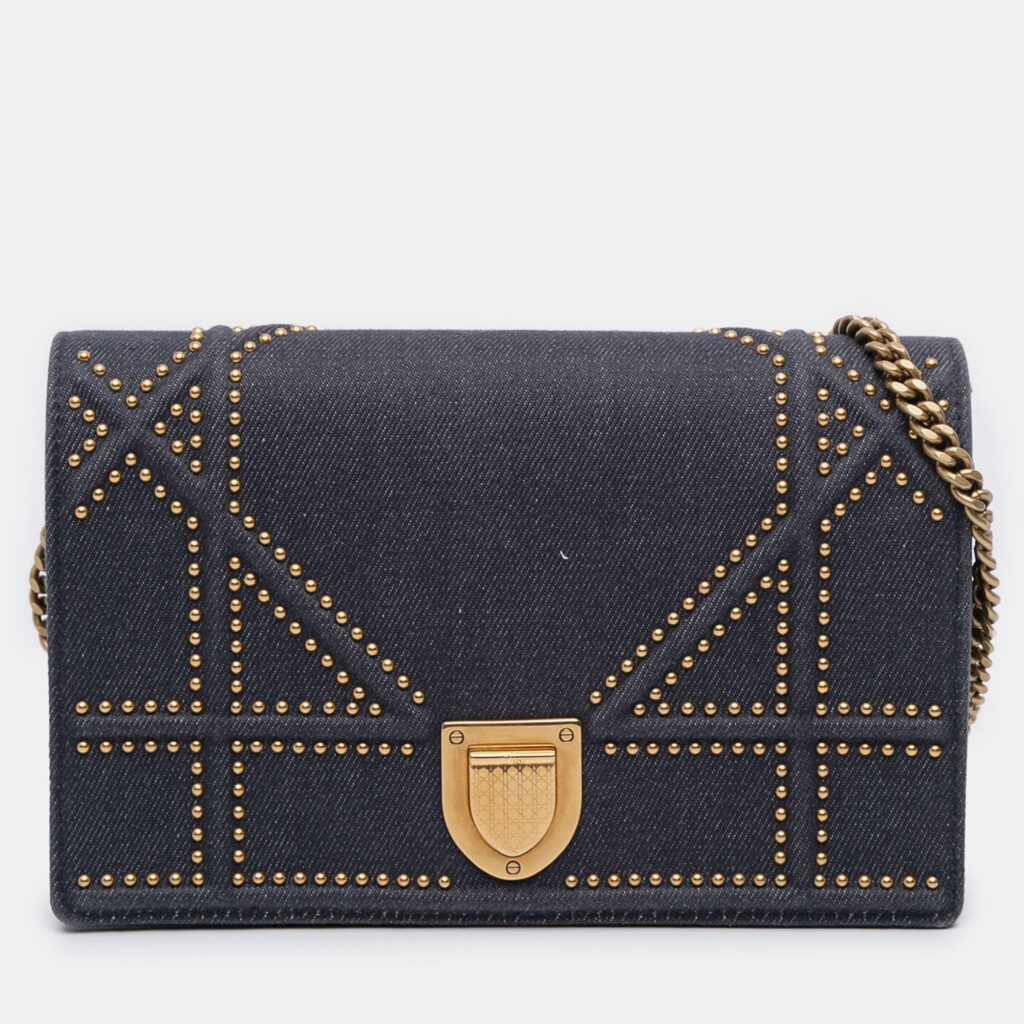 Dior Navy Blue Studded Denim Diorama Wallet on Chain