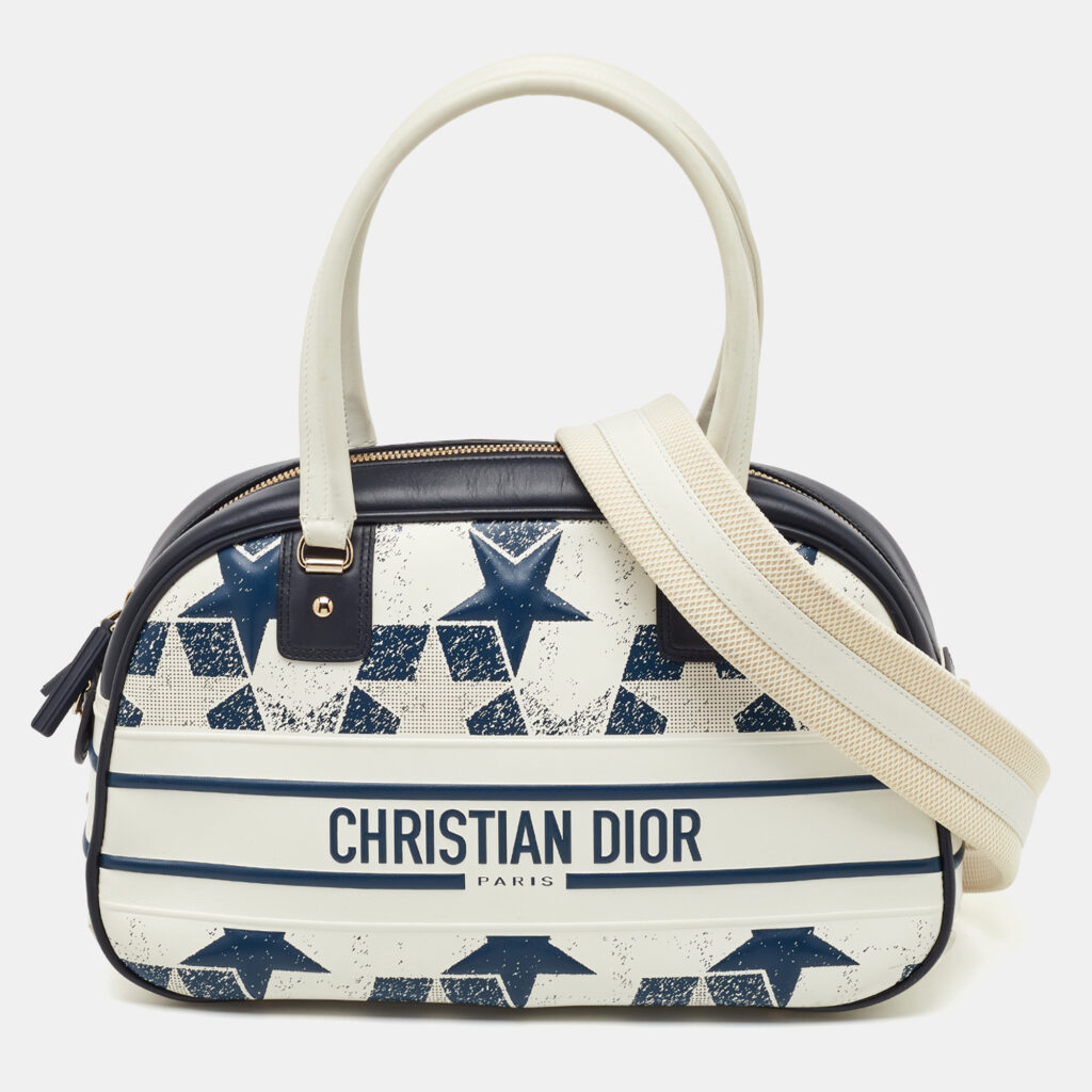 Dior Navy Blue/White Leather Medium Star Vibe Zip Bowling Bag Dior Navy Blue/White Leather Medium Star Vibe Zip Bowling Bag