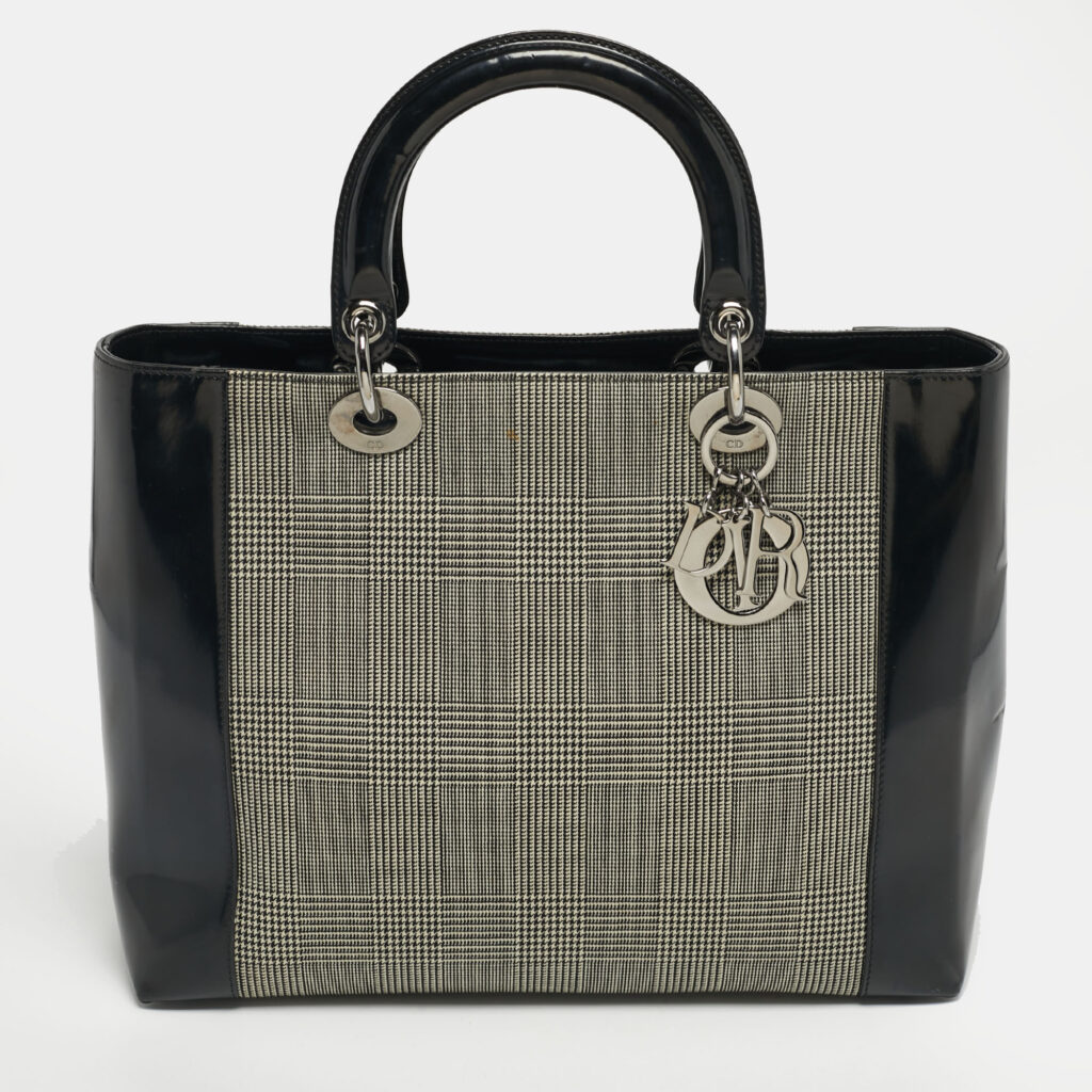 Dior Black Houndstooth Canvas and Leather Large Lady Dior Tote Dior Black Houndstooth Canvas and Leather Large Lady Dior Tote