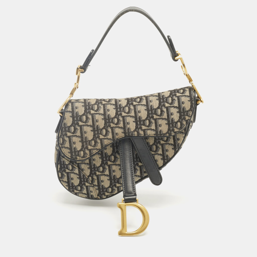 Dior Navy Blue Oblique Canvas and Leather Mini Saddle Bag Dior Navy Blue Oblique Canvas and Leather Mini Saddle Bag