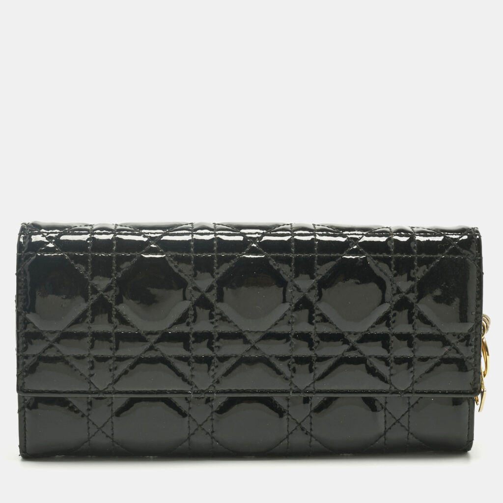 Dior Black Cannage Patent Leather Lady Dior Continental Wallet