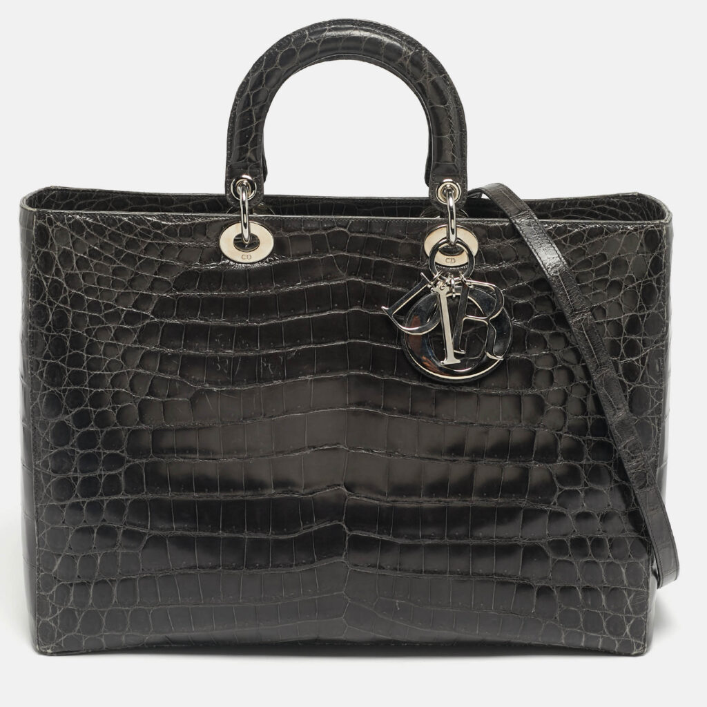 Dior Dark Grey Shine Crocodile Extra Large Lady Dior Tote Dior Dark Grey Shine Crocodile Extra Large Lady Dior Tote