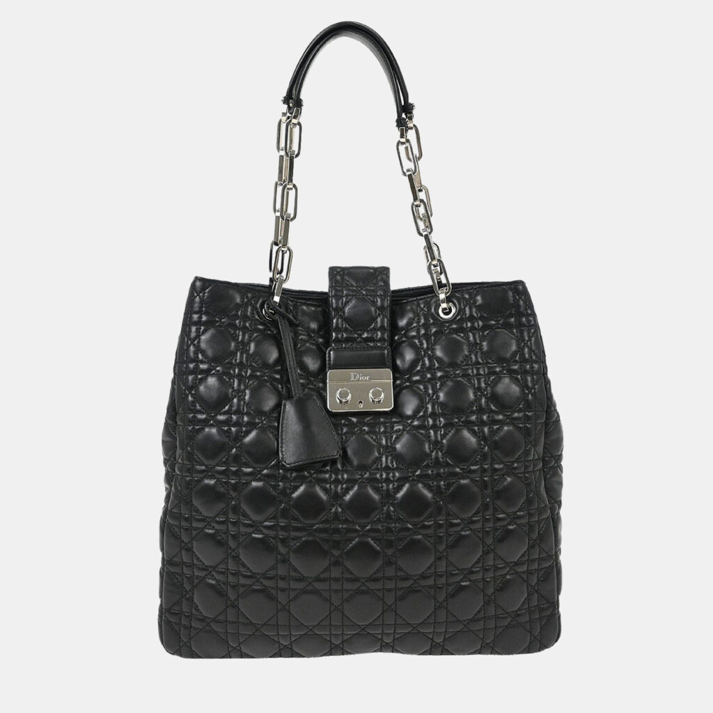 luxury-women-dior-used-handbags-p1238375-009.jpg Christian Dior Black Lambskin Lady Dior Cannage Tote Handbag