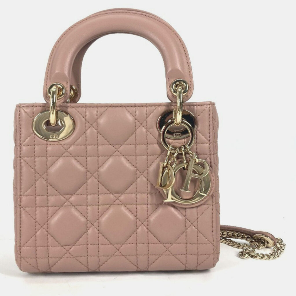Christian Dior Dior Lady Mini Cannage Chain Shoulder Bag Lambskin Pink Beige