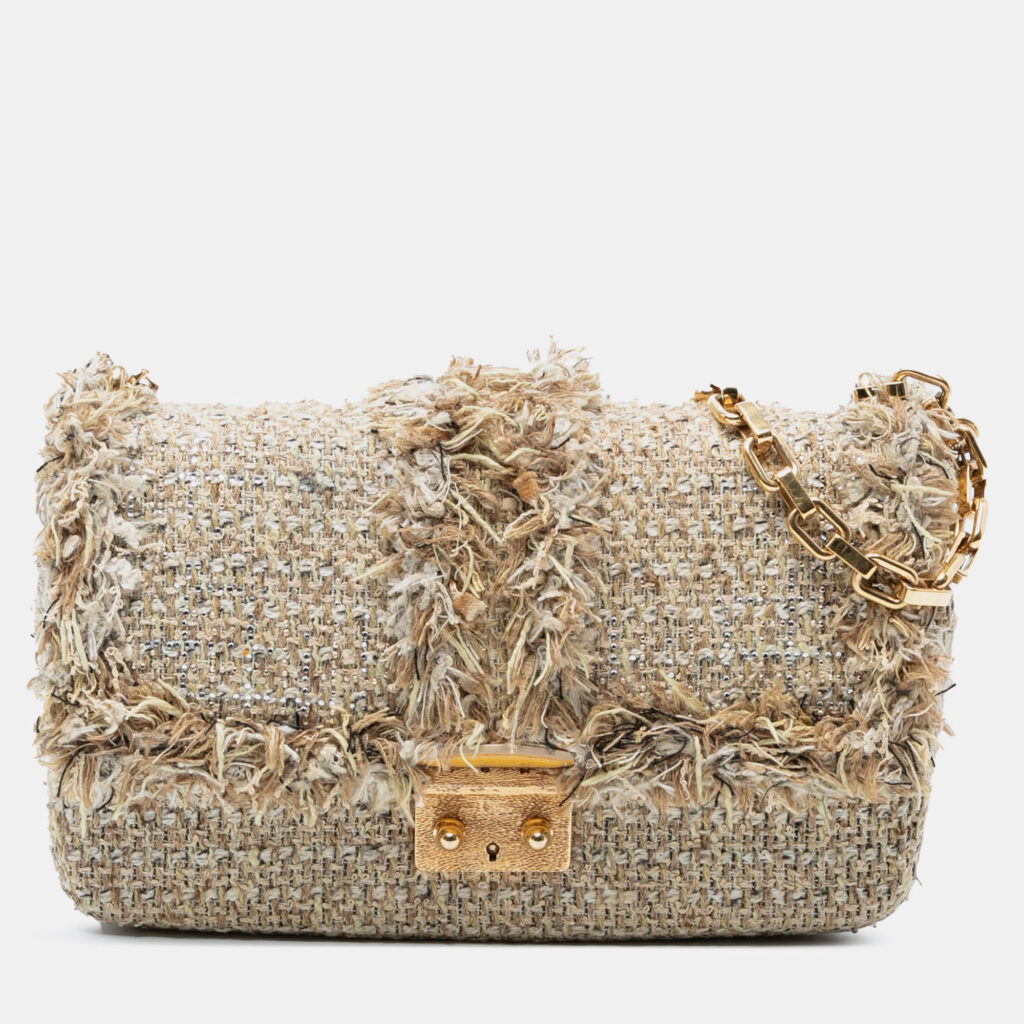 Dior Beige New Rock Tweed and Rhinestones Chain Shoulder Bag Dior Beige New Rock Tweed and Rhinestones Chain Shoulder Bag