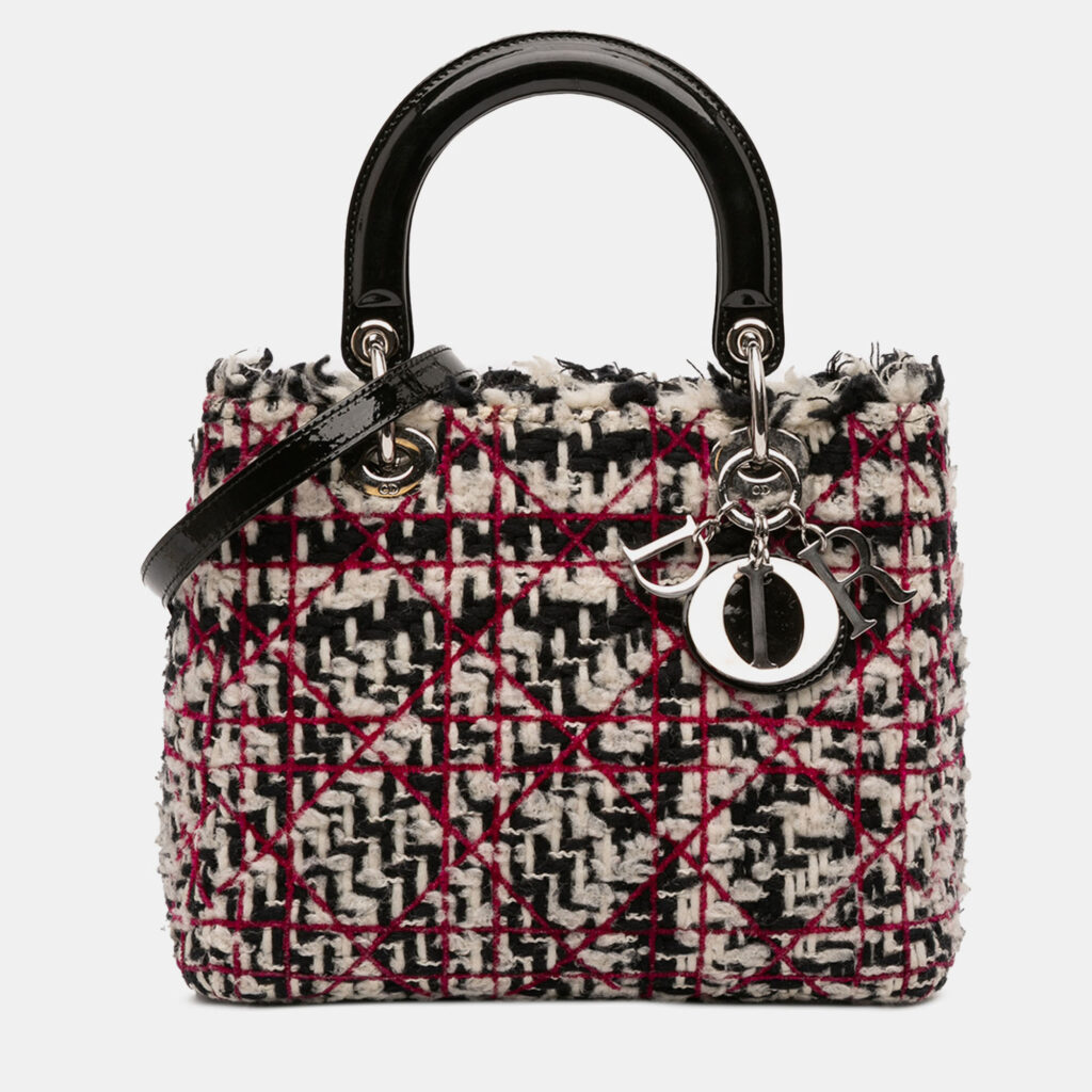 luxury-women-dior-used-handbags-p1241926-019-1.jpg Dior Black Multicolor Medium Tweed Cannage Fringe Lady Dior