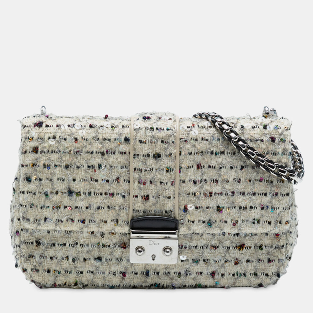 Dior White Medium Tweed Miss Dior Flap