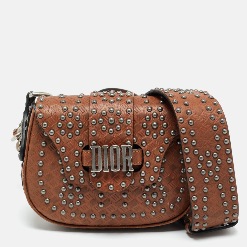 luxury-women-dior-used-handbags-p1243155-013.jpg Dior Brown Woven Embossed Leather Studded D-Fence Saddle Bag