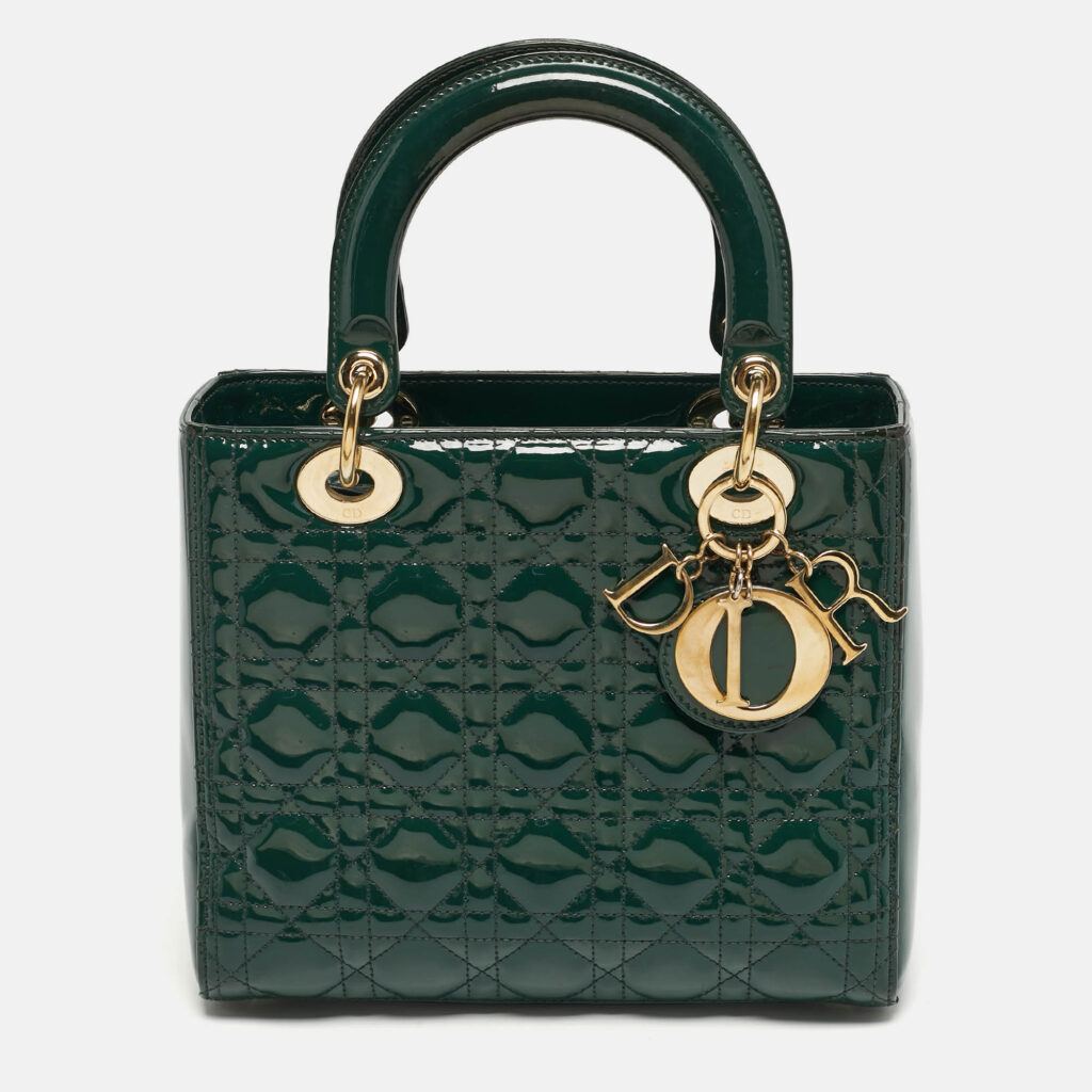 luxury-women-dior-used-handbags-p1244938-012-1.jpg Dior Green Cannage Patent Leather Medium Lady Dior Tote
