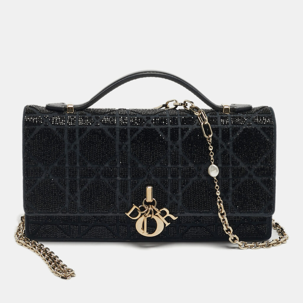 Dior My Dior Black Mini Microbead Cannage Fabric and Leather Shoulder Bag Dior My Dior Black Mini Microbead Cannage Fabric and Leather Shoulder Bag