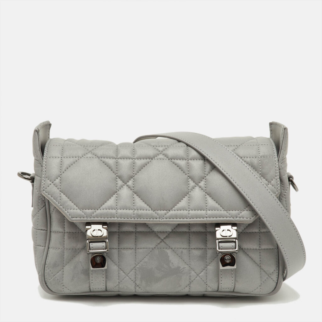 luxury-women-dior-used-handbags-p1246330-006.jpg Dior Grey Pearlescent Cannage Nylon and Leather DiorCamp Bag