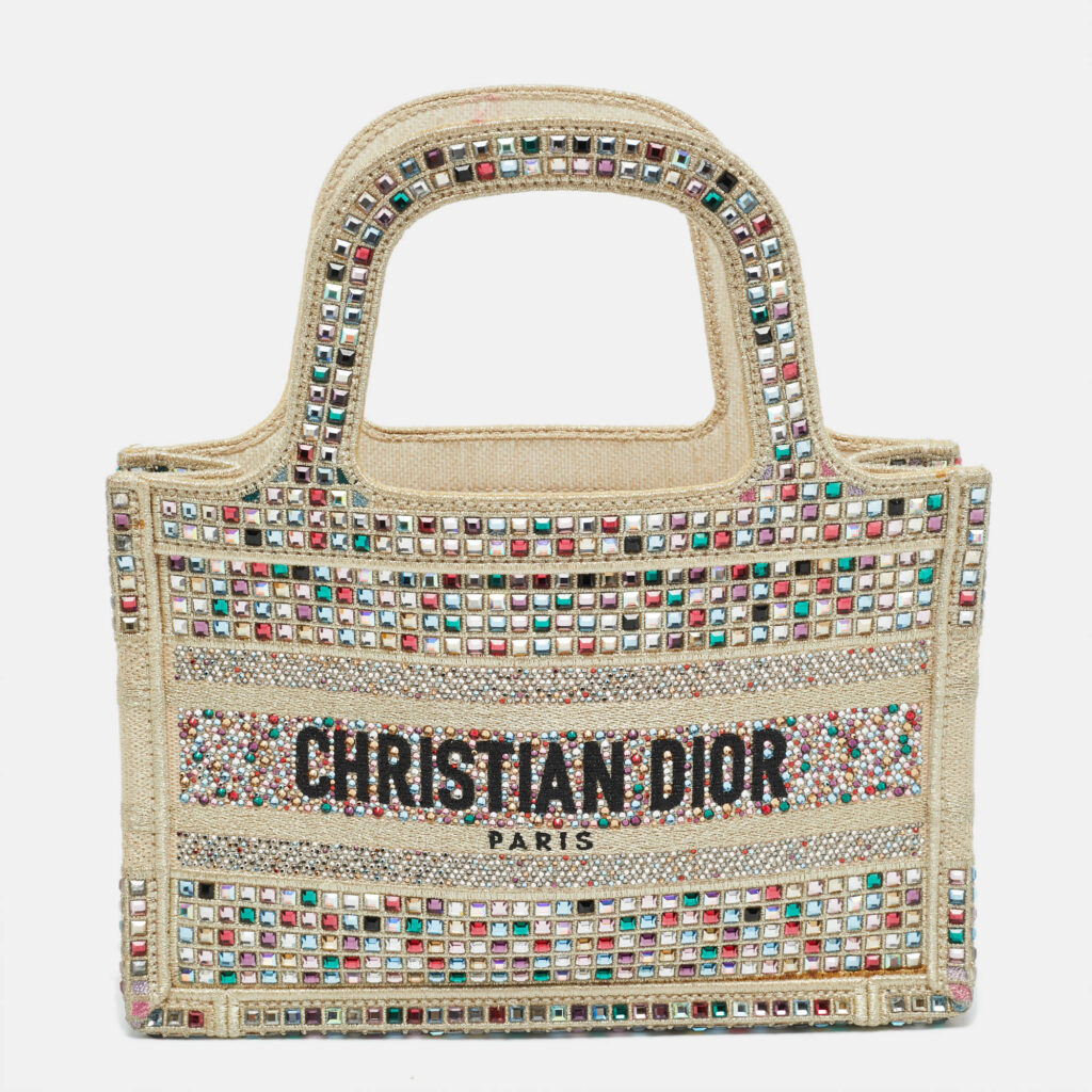 Dior Crystal Embellished Book Gold Canvas Tote Dior Crystal Embellished Book Gold Canvas Tote