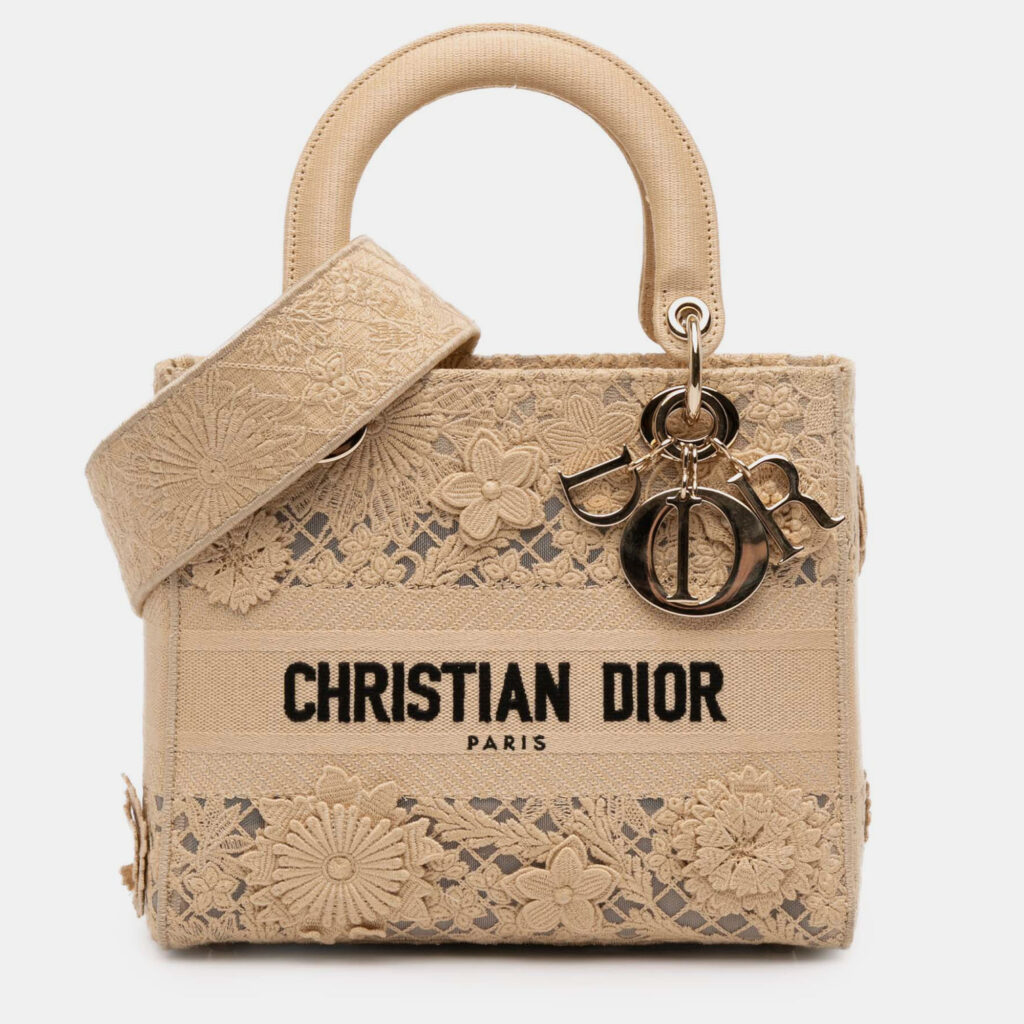 Dior Beige Brown Medium Embroidered Lace 3D Macrame Lady D Lite