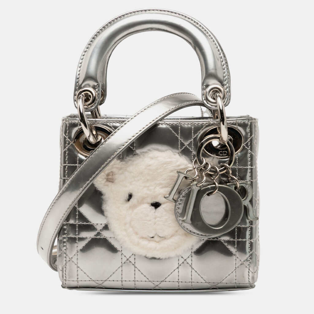 luxury-women-dior-used-handbags-p1247057-002.jpg Dior Silver Micro Metallic Lambskin Cannage Bear Lady Dior