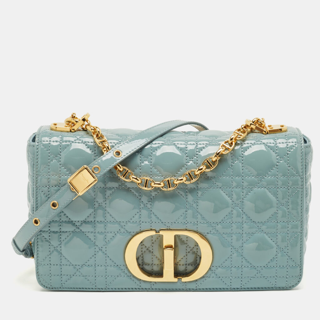Dior Caro Medium Light Blue Cannage Patent Leather Shoulder Bag