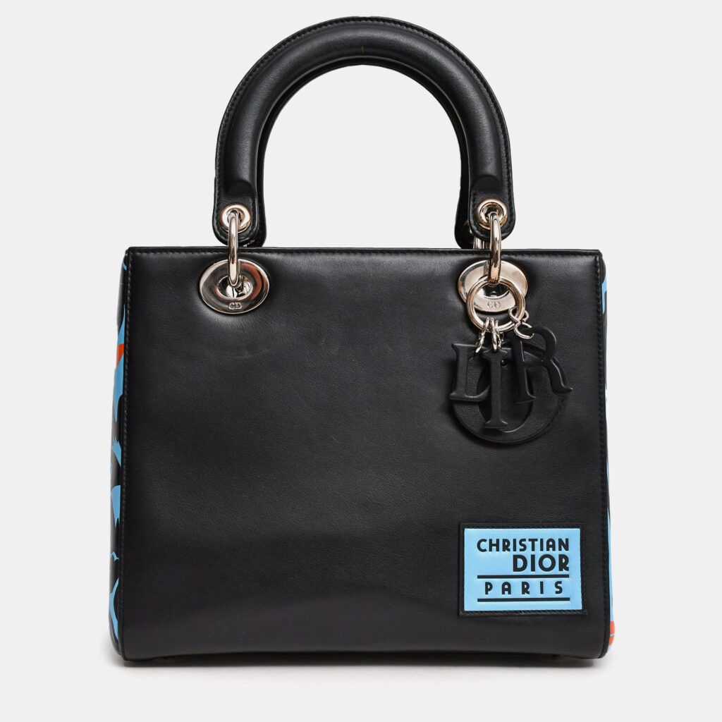 luxury-women-dior-used-handbags-p1247726-002.jpg Christian Dior 2016 Black/Blue Leather Floral Printed Lady Dior