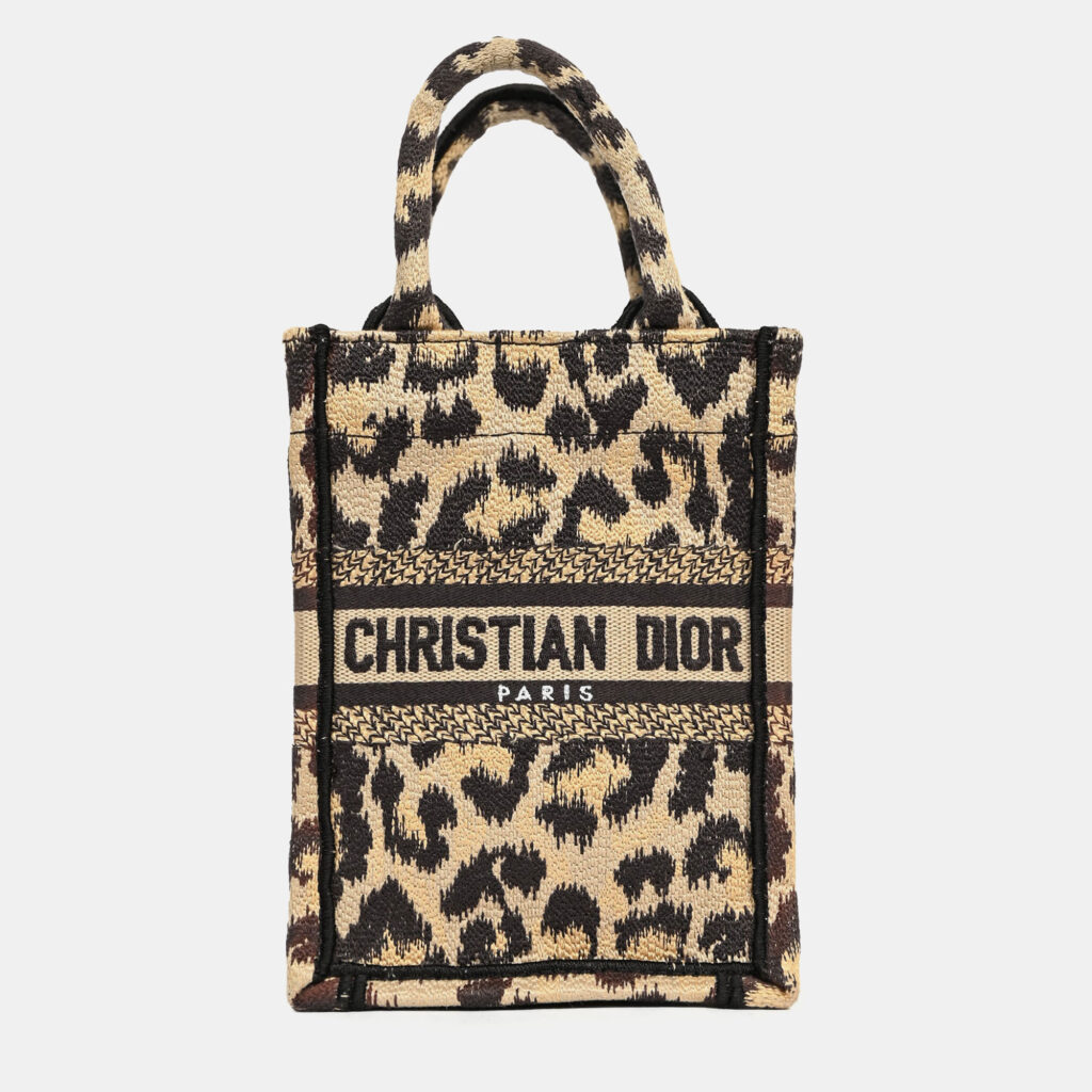 luxury-women-dior-used-handbags-p1247733-007.jpg Christian Dior Beige/Black Leopard Canvas Mini Book Tote Phone Bag