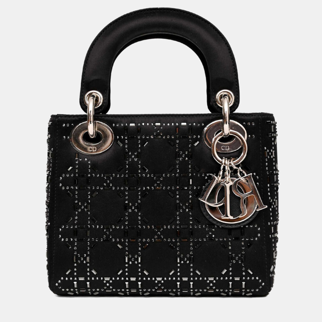 Christian Dior 2018 Black Satin Crystal Embellished Mini Lady Dior with Strap
