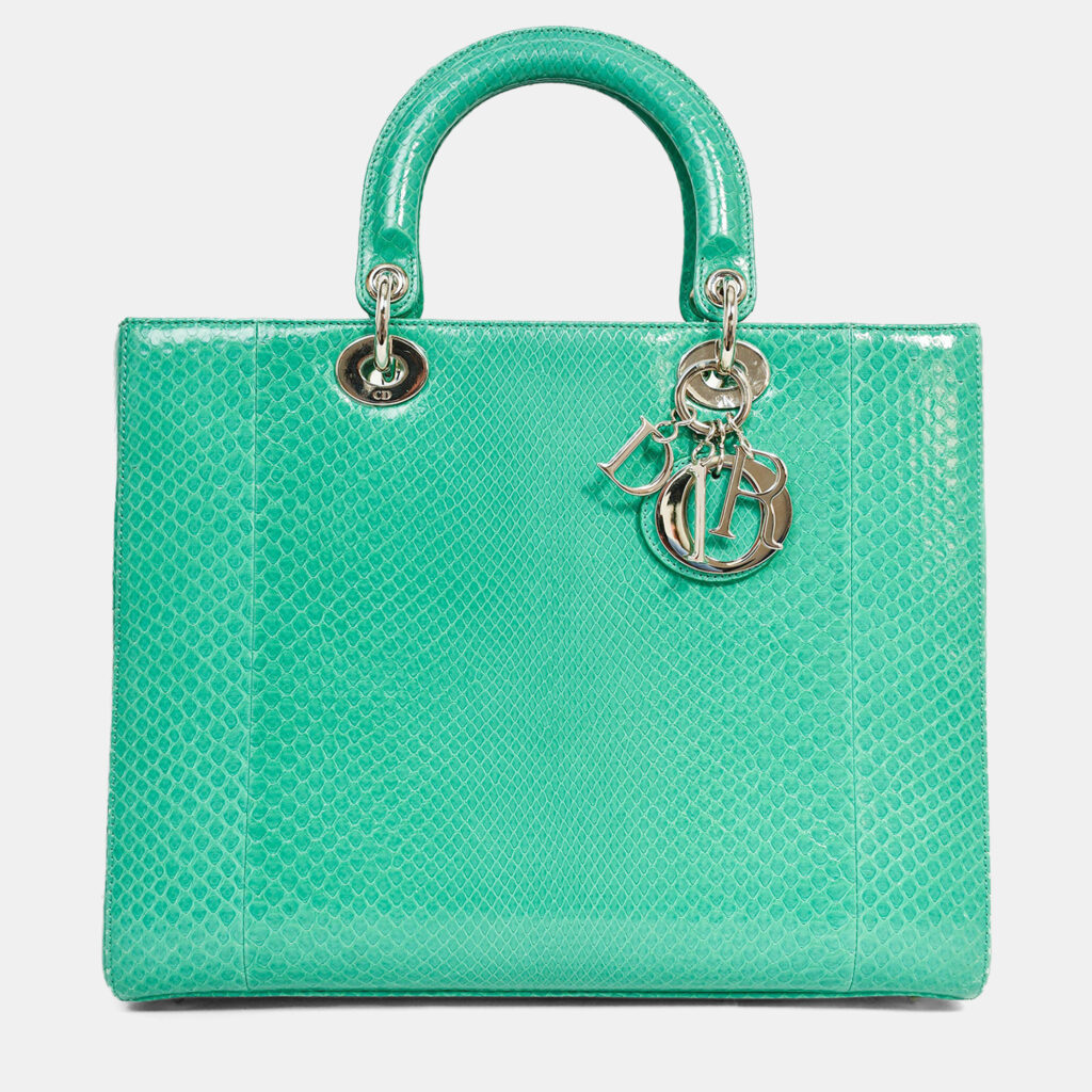 Christian Dior 2014 Teal Patent Python Large Lady Dior Top Handle with Strap