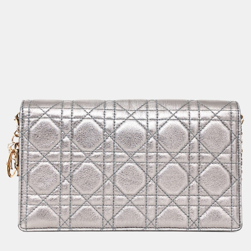 Christian Dior 2019 Silver Cannage Leather Lady Dior Pouch on Chain Christian Dior 2019 Silver Cannage Leather Lady Dior Pouch on Chain