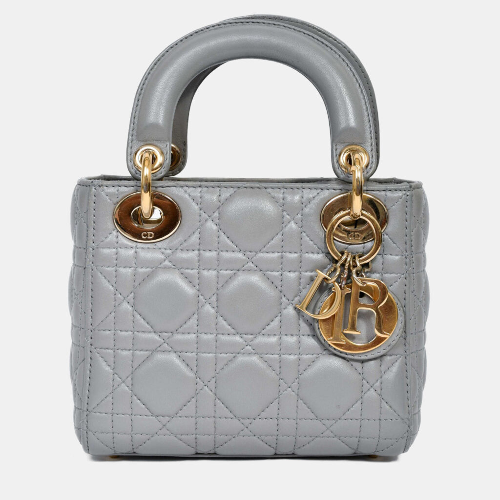 Christian Dior 2015 Grey Leather Cannage Mini Lady Dior with Strap