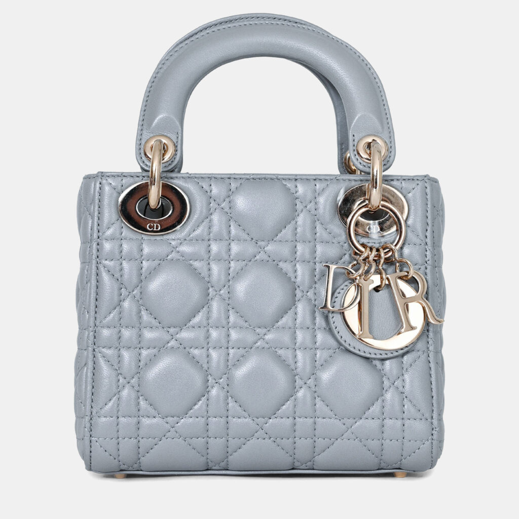 Christian Dior Grey Shimmer Leather Cannage Mini Lady Dior with Strap Christian Dior Grey Shimmer Leather Cannage Mini Lady Dior with Strap