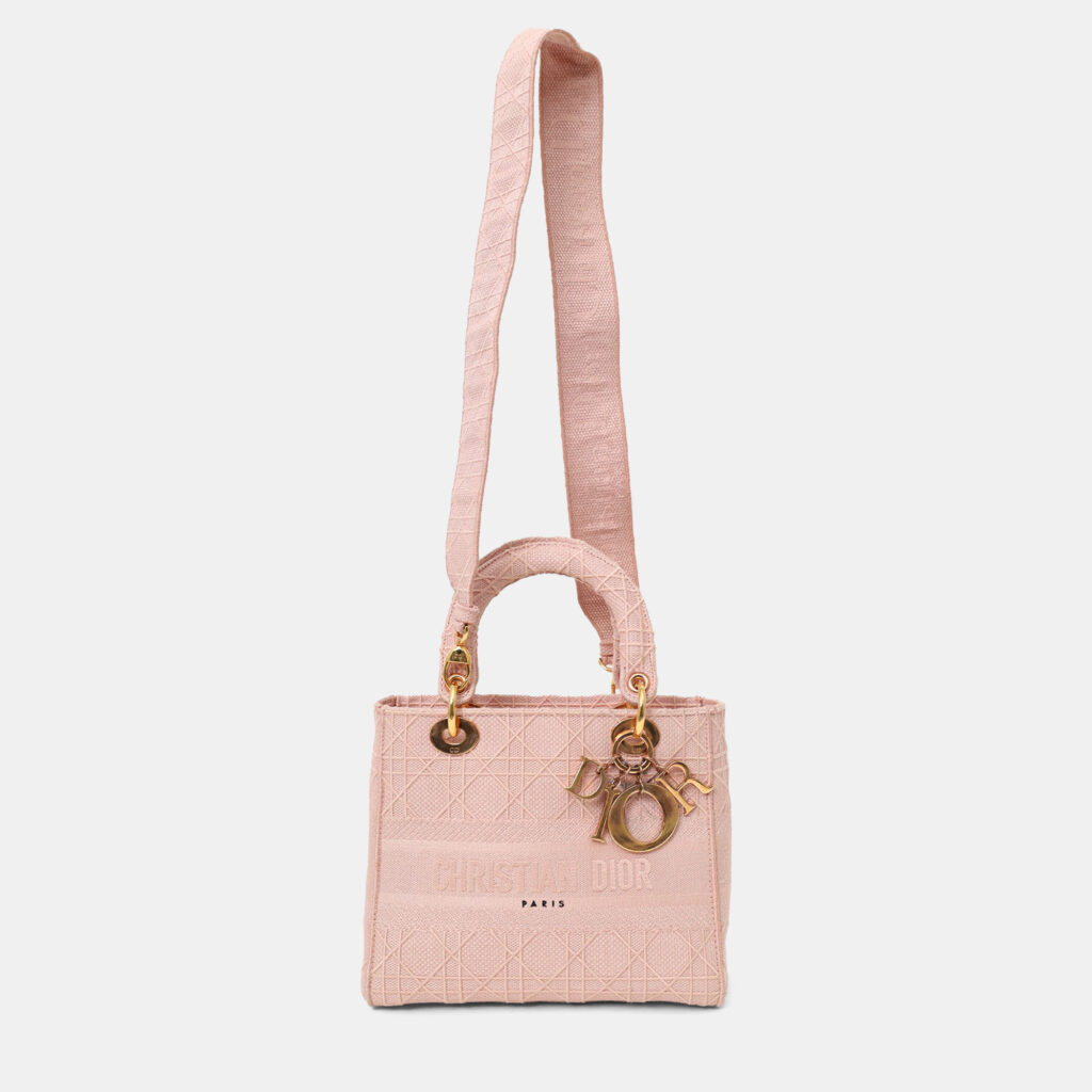 Christian Dior 2020 Pink Cannage Embroidered Canvas Medium Lady D-Lite With Strap Christian Dior 2020 Pink Cannage Embroidered Canvas Medium Lady D-Lite With Strap