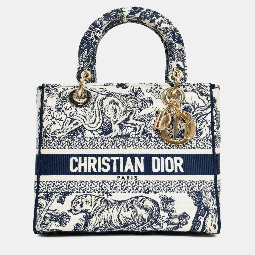 Christian Dior 2022 Navy/White Jacquard D-Lite Medium Top Handle with Strap Christian Dior 2022 Navy/White Jacquard D-Lite Medium Top Handle with Strap