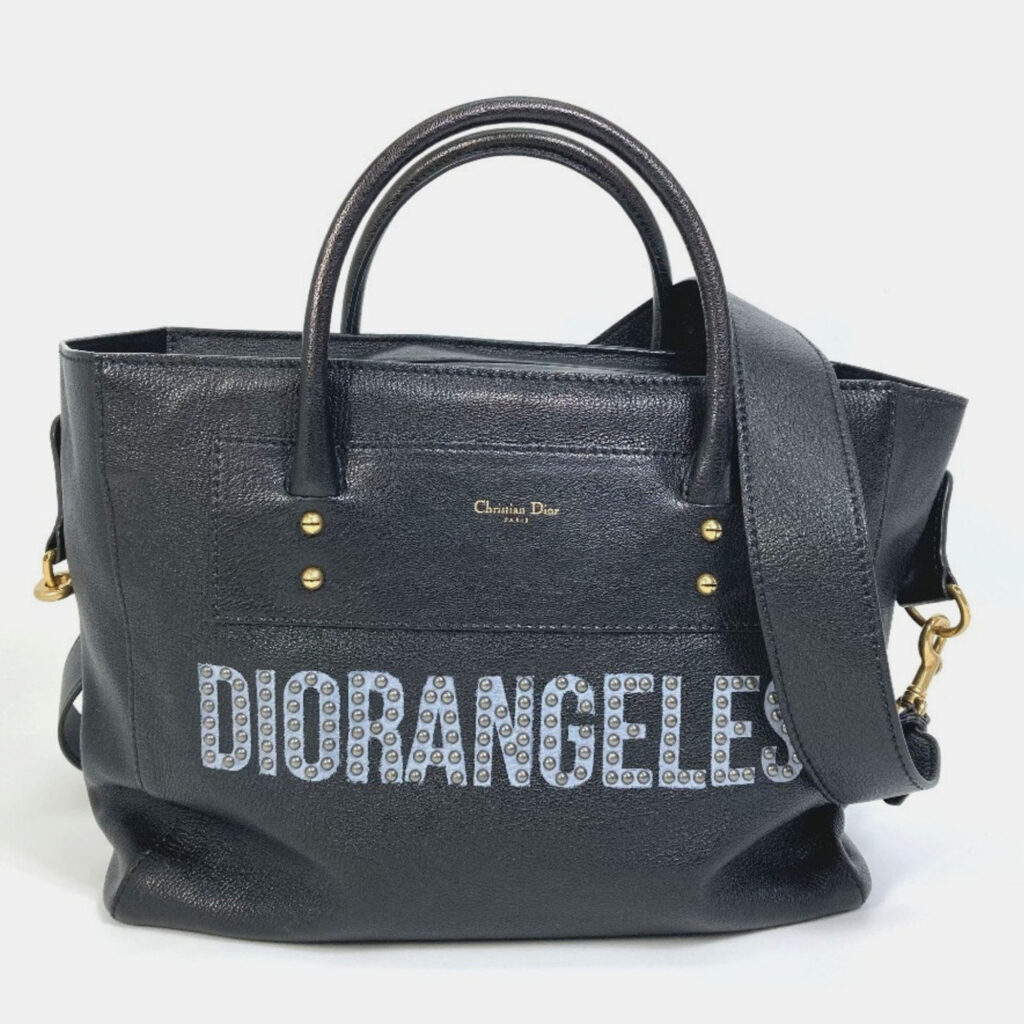 Christian Dior Diorangels Shoulder Bag With Logo Studs Leather Tote Bag Black