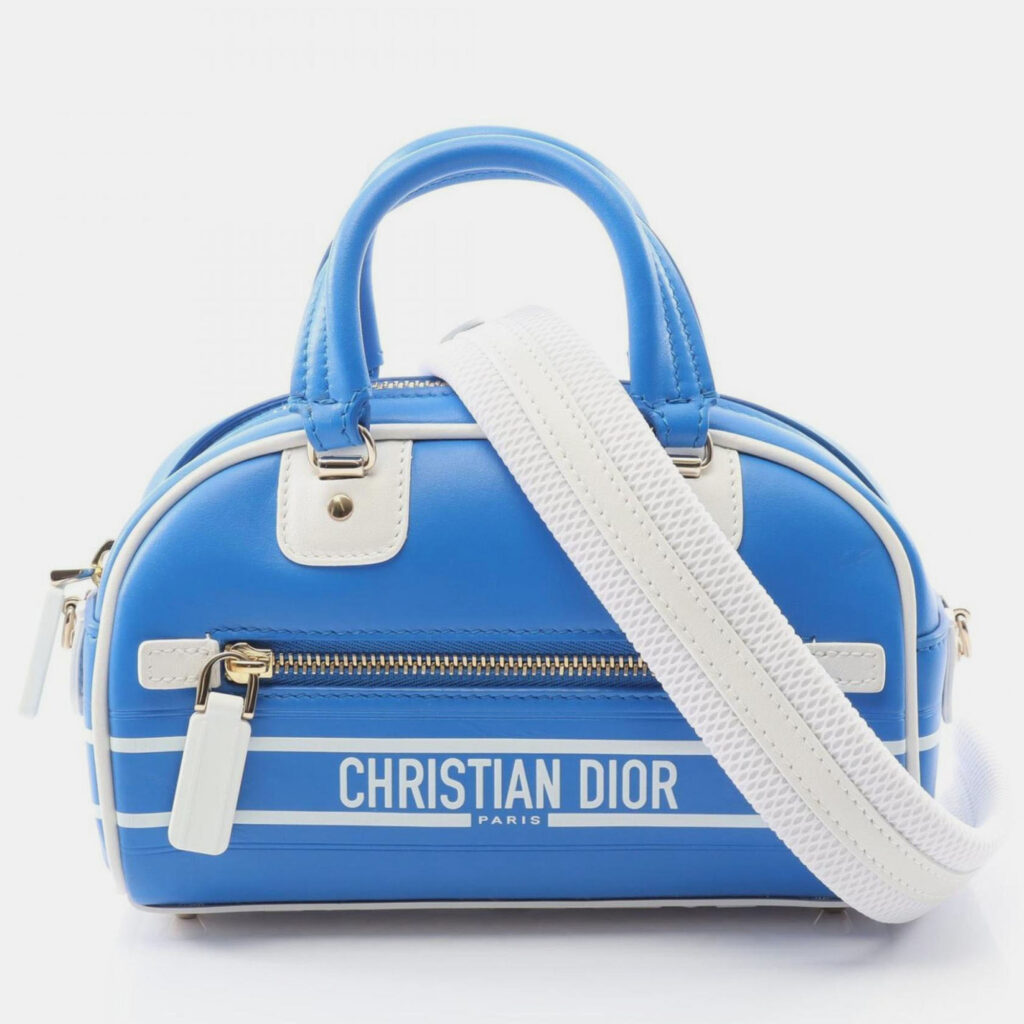 Christian Dior Dior Vibe Mini Bowling Bag Leather Handbag Blue And White Christian Dior Dior Vibe Mini Bowling Bag Leather Handbag Blue And White